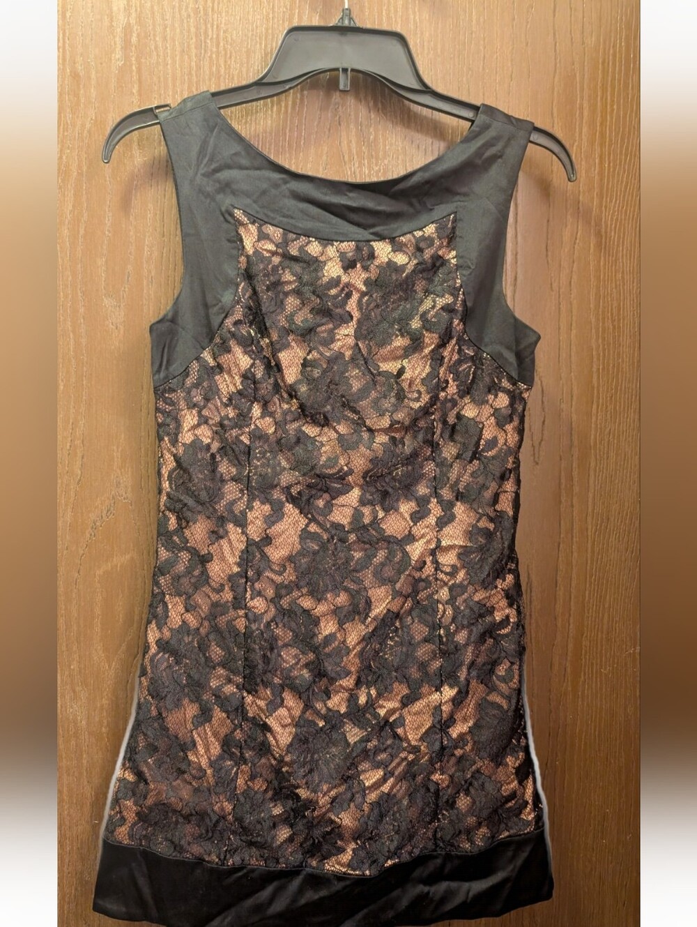 BeBe Sz-XS Black Lace Overlay Nude Lining Mini Dress, Satin Trim
